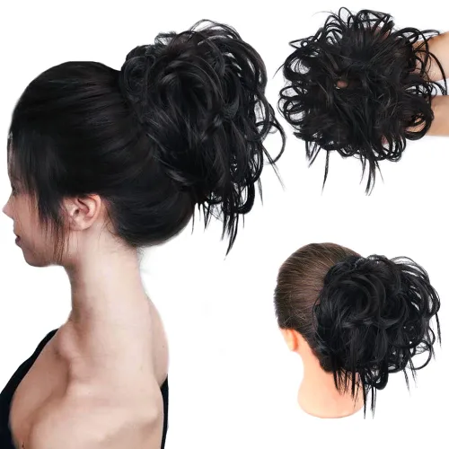 Vista 12 de HMD - Extensiones de cabello tipo chongo alborotado con rodelo despeinado, banda elástica de goma, extensiones de cabello sintético para mujer