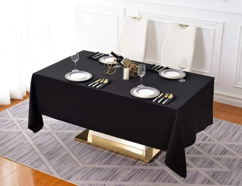 Vista 6 de Surmente Mantel rectangular de poliéster de 60 x 102 pulgadas para bodas, banquetes o restaurantes (negro, paquete de 2)