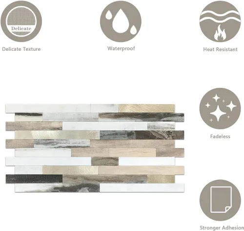 Vista 5 de KASARO 20 hojas de azulejos autoadhesivos para salpicaduras para cocina, mármol marrón blanco con rayas doradas antiguas, azulejos de mosaico