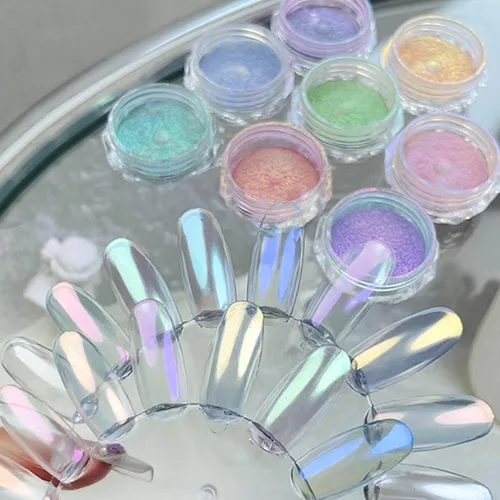 Vista 11 de Polvos holográficos de espejo para uñas, efecto dorado cromado, lentejuelas de polvo metálico puro, gel UV, pigmento de polvo cromado negro