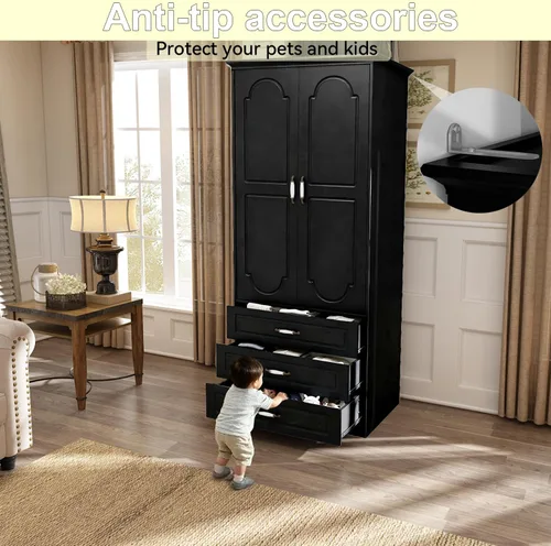 Vista 8 de FJTJBSI Armario Armario con 3 cajones y luz LED de 72 pulgadas, armario de madera para dormitorio con 2 puertas y manijas de puerta de cerámica Negro
