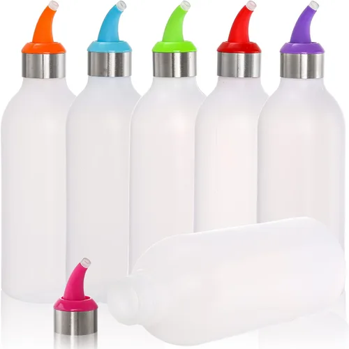 Vista 7 de Lawei Paquete de 6 botellas de plástico para condimentos de 15 onzas, botellas de plástico con tapas y puntas de colores, perfectas