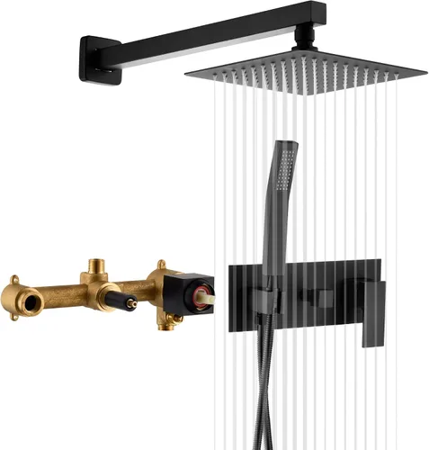 Vista 10 de SUMERAIN Sistema de ducha de lluvia de níquel cepillado con ducha de mano, sistema de cabezal de ducha de equilibrio de presión con válvula áspera