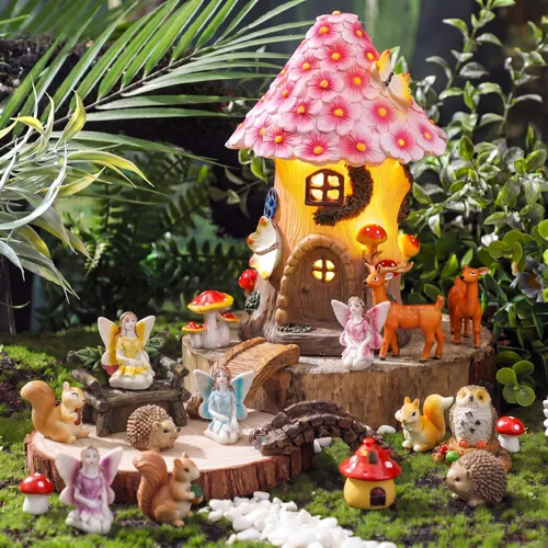 Vista 7 de Unittype 19 piezas de accesorios de hadas de flores para jardín al aire libre, figuras de hadas en miniatura, puente de hongos, faro de agua, pozo