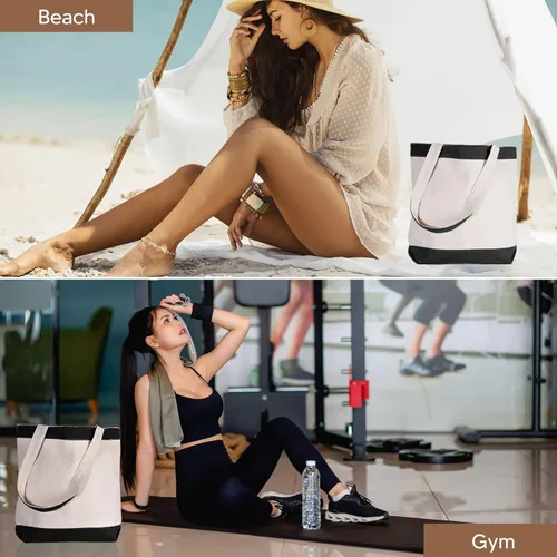 Vista 8 de Bolsa de lona con asas para mujer, bolsa de tela reutilizable para comestibles y compras a granel, bolsa de algodón en blanco, adecuada