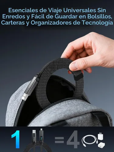 Vista 6 de Cable de carga 4 en 1 de 5 pies, 240 W USB C a USB C cable de carga rápida trenzado plano combo de cable cargador para iPhone USB A/C a C/L