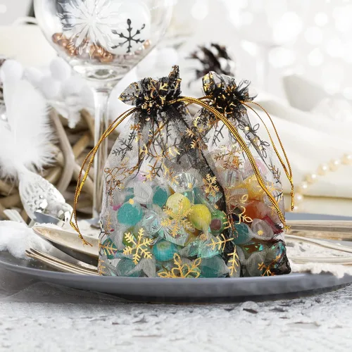 Vista 7 de Roowest 100 bolsas de regalo de organza con copos de nieve de 4 x 6 pulgadas, pequeñas bolsas de malla para joyas, mini cordón para dulces, bolsas