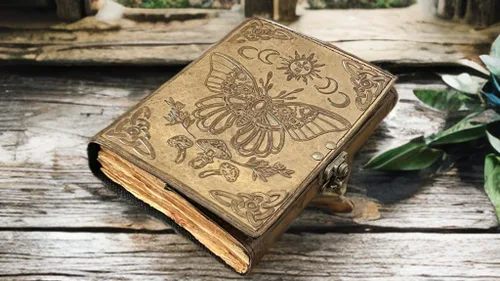 Vista 8 de Embossed Luna Moth Leather Grimoire Journal – Vintage Botanical Mushrooms & Sun Moon Design – Blank Spell Book of Shadows with Deckle Edge Paper