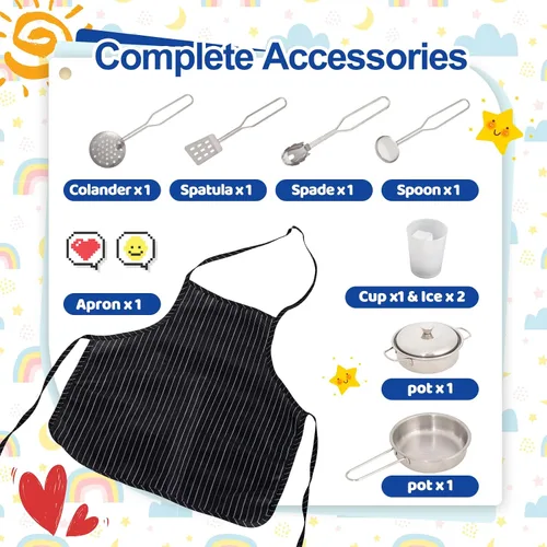 Vista 5 de BRINJOY Cocina de Juego de Esquina para Niños, Juego de Cocina de Madera para Niños Pequeños con Grifo, Fregadero, Microondas, Horno, Delantal
