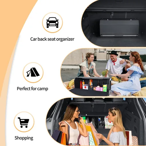 Vista 5 de Organizador de maletero de automóvil, organizador de almacenamiento resistente con tapa y asa de empuje, organizador plegable de cuero para SUV