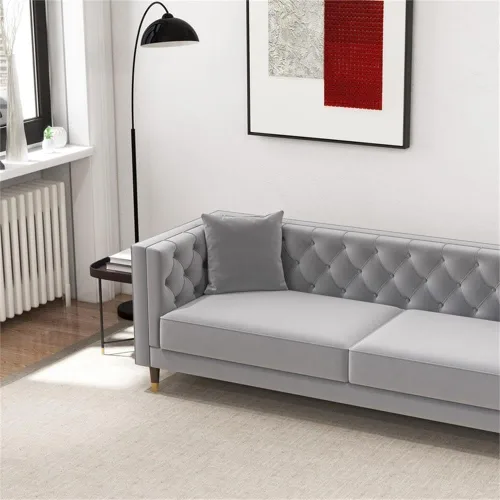 Vista 6 de Sofá de terciopelo gris copetudo, moderno de mediados de siglo, con botones en la parte posterior, sofás de tela para sala de estar, apartamento