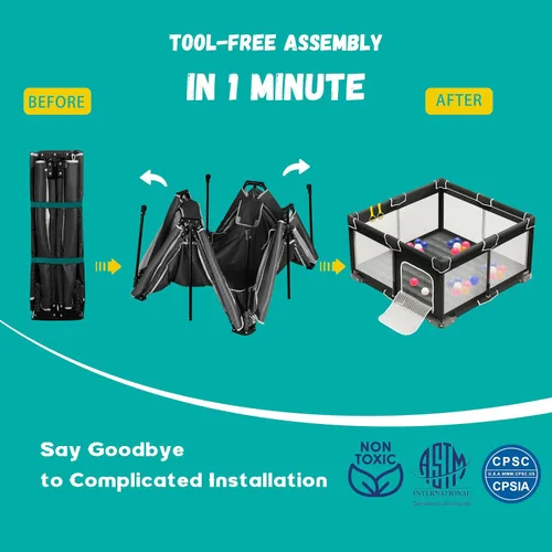 Vista 7 de ICAREWAY Corralito plegable para bebés y niños pequeños, corralito portátil de 50 x 50 pulgadas, corralito de juego plegable para niños con 2 asas