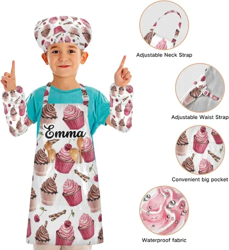 Vista 4 de Sinestour Delantal de chocolate cereza personalizado para niños y sombrero de chef, juego de 3 delantales de cocina personalizados para niños