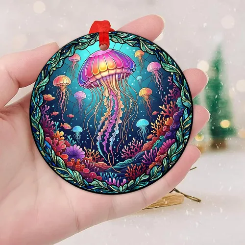 Vista 3 de Velyra Adorno de Navidad 2025 – Adorno de cerámica estilo vitral de medusas, decoración bajo el mar para árbol, regalo de arte de vida marina