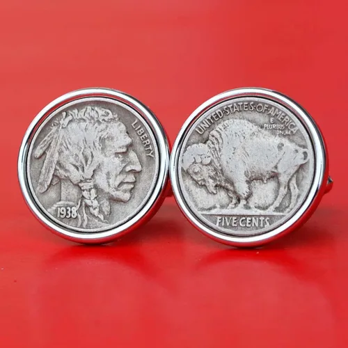 Vista 2 de US 1938 Indian Head Buffalo Nickel Coin Silver Plated Cufflinks NEW