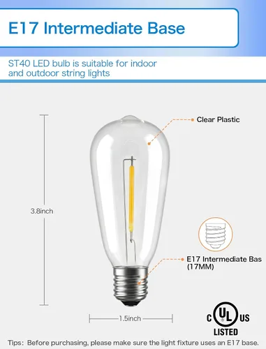 Vista 2 de Paquete de 10 bombillas LED, bombillas de repuesto regulables inastillables de 0.6 W, ST40 E17, bombillas de plástico transparente para tira