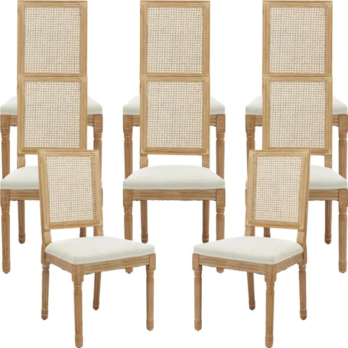 Vista 42 de ODUSE-DAILY Juego de 2 sillas de comedor French Country color beige, sillas de comedor de madera bohemia con respaldo tejido y asiento tapizado