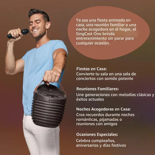 Vista 6 de Singing Machine Sistema de karaoke para adultos y niños con micrófono inalámbrico, SingCast One - Altavoz de karaoke con tecnología de transmisión