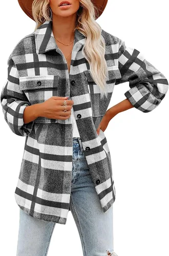 Vista 23 de Beaully Chaqueta-Camisa de Franela a Cuadros para Mujer, Trajes de Otoño 2025, Camisa de Manga Larga con Botones, Chaqueta Abrigo con Bolsillos Negro