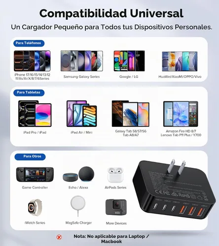 Vista 4 de Bloque de Carga Rápida, Cubo de Estación de Carga GaN de 6 Puertos USB C, Cargador de Pared de 100W de Tipo C de Múltiples Puertos con Enchufe