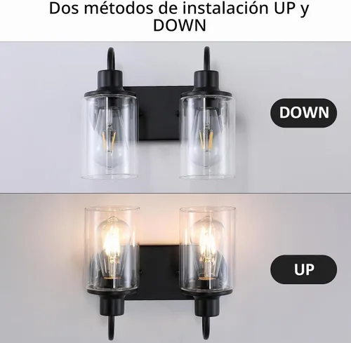 Vista 5 de Lámpara de baño negra mate sobre espejo, lámpara de tocador de baño de 2 luces con pantalla de vidrio transparente, apliques de pared modernos