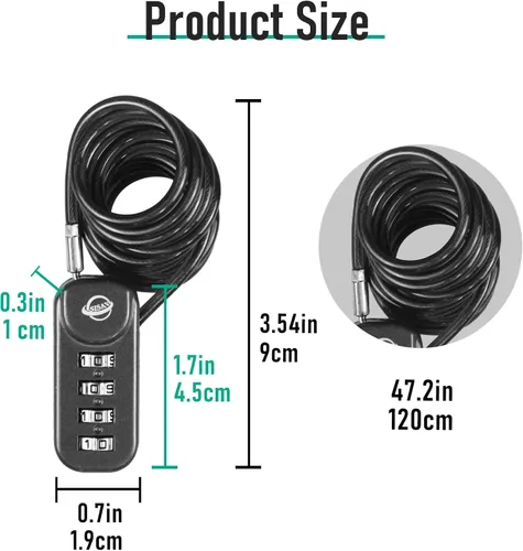 Vista 2 de Candado de combinación de 4 dígitos con cable de 47 pulgadas (47.2 in) adecuado para casilleros de gimnasio escolar, botes de basura, equipaje