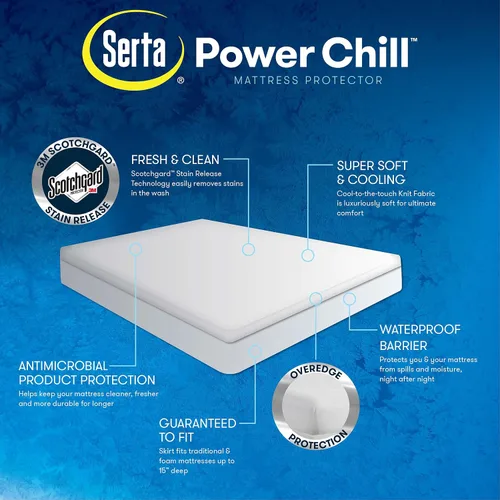 Vista 6 de Serta Power Chill - Funda de colchón impermeable, suave y transpirable, protector de colchón refrescante, bolsillo profundo elástico de 15 pulgadas
