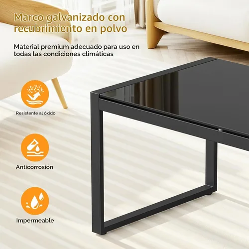 Vista 3 de ONBRILL Mesa de café rectangular con escritorio de vidrio templado, mesa de café para exteriores con marco galvanizado y pies ajustables para patio