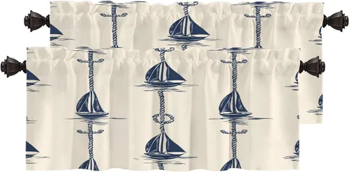 Vista 64 de Maritime Ocean Blackout Tier Curtains, Anchors Nautical Art Half Window Drapes for Kitchen with Rod Pocket,Room Darkening 2 Pack 26X24 Inches