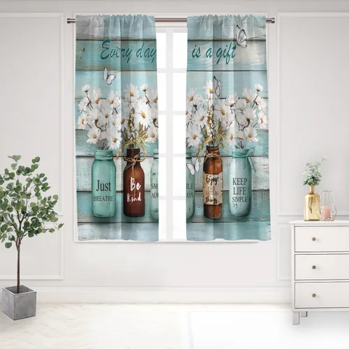 Vista 54 de Cortinas de cocina de estilo granja occidental con bolsillo para cortinero, pequeñas y cortas, estilo café rústico, cabaña, puerta de granero