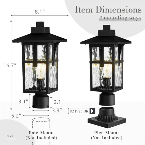 Vista 6 de zeyu ZX1P-SW BK - Luz de poste para exteriores de 16.7 pulgadas, lámpara de poste para camino de jardín, aluminio fundido a presión con vidrio