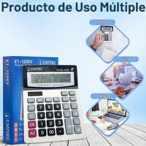 Vista 4 de Empire - Calculadora de escritorio con botones de teclas grandes, pantalla grande de 12 dígitos en ángulo de ojo, funciona con energía solar
