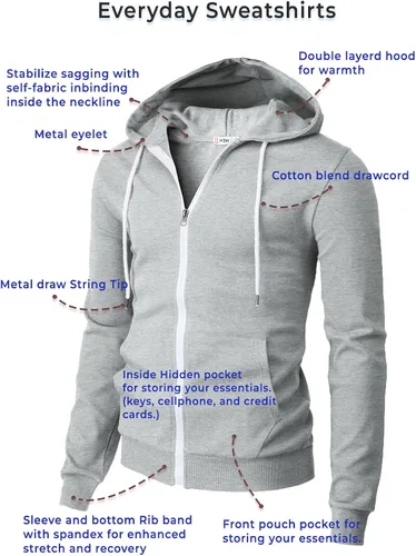 Vista 5 de H2H Sudadera con capucha y cremallera para hombre, ligera, de manga larga, básica, ajustada, de algodón, con bolsillo Cmohol048-gris