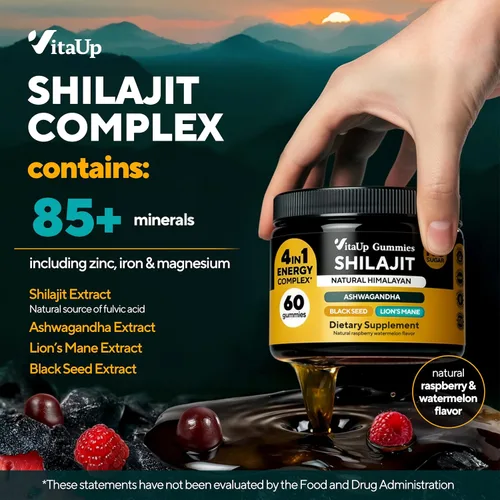 Vista 2 de VitaUp Gomitas Shilajit del Himalaya para hombres y mujeres – Gomitas Shilajit sin azúcar con ácido fúlvico – Energía pura, inmune y apoyo al