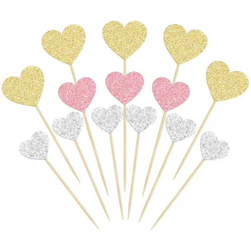Vista 10 de Gyufise 30 adornos de corazón para cupcakes con purpurina de tamaño mixto con temática de dulce amor, decoración de pastel de corazón, boda Negro