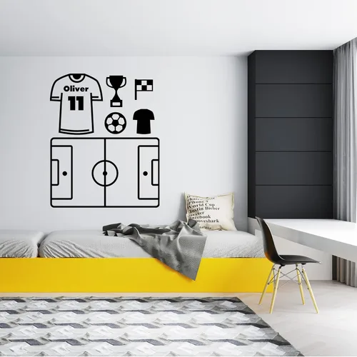 Vista 23 de Calcomanía personalizada con jugador de fútbol que pasa una pelota y una pelota enorme, decoración de fútbol de larga duración para la habitación