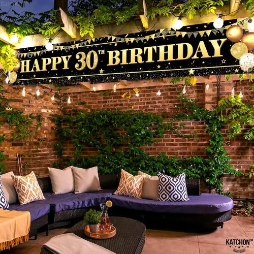 Vista 2 de KatchOn, Cartel grande de feliz cumpleaños 30 para patio, 120 x 20 pulgadas, decoraciones de cumpleaños número 30 para mujeres y hombres, pancarta