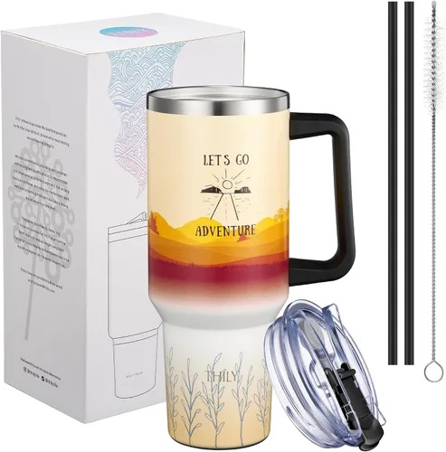 Vista 4 de THILY Vaso de 40 onzas de acero inoxidable con asa - Taza de viaje con aislamiento al vacío, tapa a prueba de salpicaduras y a prueba de fugas, 2