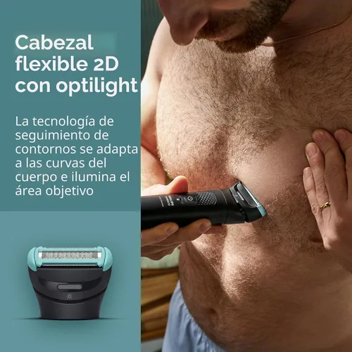 Vista 5 de Philips Norelco Body Groomer serie 7000, recortador corporal completo para hombre, cabezal flexible 2D que sigue el contorno, sistema de afeitado