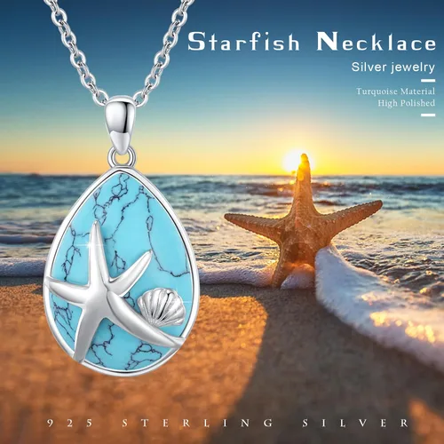 Vista 5 de YEESIA Collar de estrella de mar de plata de ley 925 con turquesa, collar de lágrima de conchas oceánicas, turquesa, estrella de mar del océano