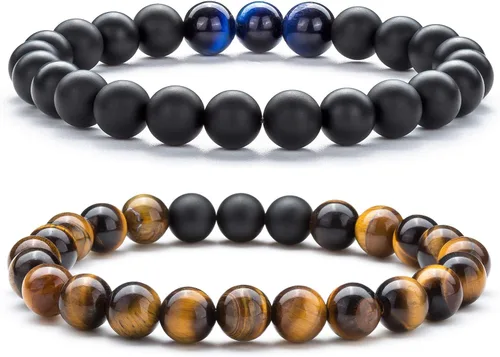 Vista 8 de Pulsera elástica Hamoery con cuentas naturales de ojo de tigre de 8 mm, para mujer y hombre Juego de 2 piezas 1-21018