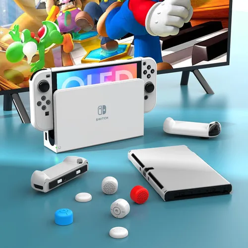 Vista 10 de HSTOP Funda acoplable para Nintendo Switch OLED 2021, funda protectora de PC para Switch OLED con cómoda funda de agarre Joy-Con y 6 tapas