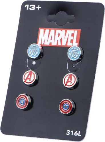 Vista 2 de Aretes hipoalergénicos de acero inoxidable con licencia oficial de Marvel Comics para mujer, diseño de Avenger, unisex, Esmalte