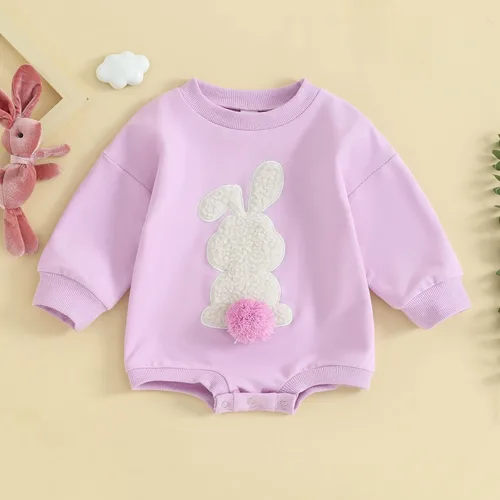 Vista 2 de FOCUSNORM Ropa de Pascua para bebé recién nacida, con bordado de conejo, sudadera con burbujas, traje de bebé niña