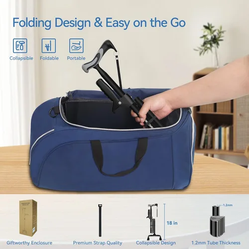 Vista 6 de [Usado] Bastón de caminar para mujeres/hombres con segundo mango, plegable y ajustable con base de 4 puntas para estar de pie, ayuda ligera