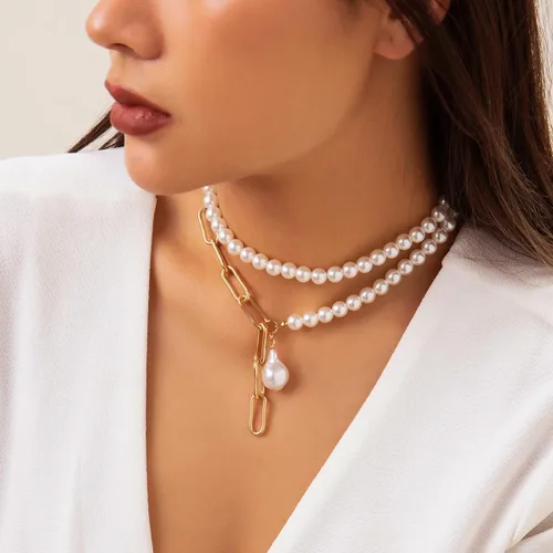 Vista 3 de Layered Pearl Necklace Baroque Style for Women Girls