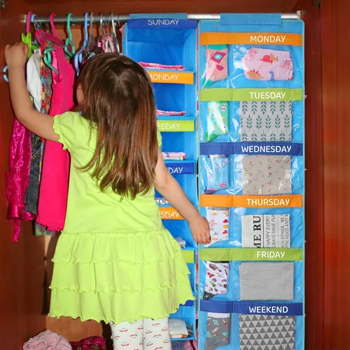 Vista 5 de Woanger Organizador semanal de ropa colgante para niños, 2 unidades, 11.8 x 11.8 x 48 pulgadas, estante para actividades diarias, organizador