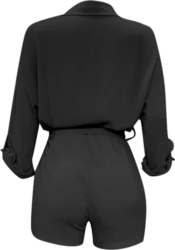 Vista 3 de ZHONKUI Mono de lino liso para mujer, elegante, de verano, manga corta, cuello de solapa, overoles cortos con cinturón