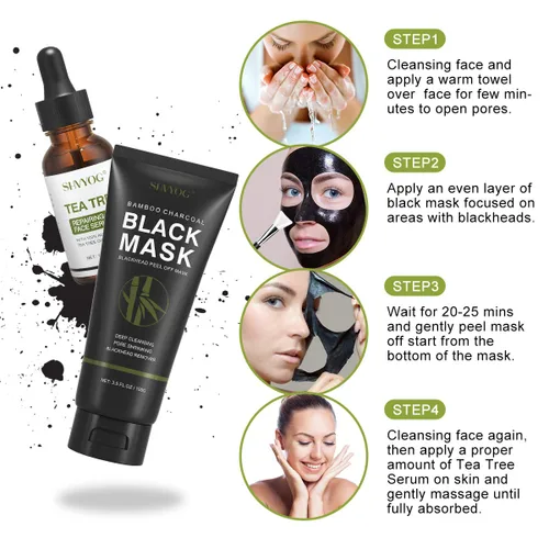 Vista 6 de SHVYOG Máscara Facial de Puntos Negros, Máscara Removedora de Puntos Negros 3-en-1 con Cepillo y Suero de Aceite de Árbol de Té, Máscara de Carbón