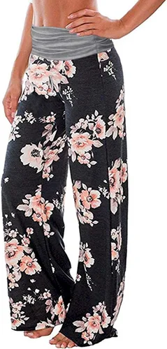 Vista 2 de Gracyoga - Pantalones de pijama cómodos para mujer, pantalones de yoga tipo palazzo con pierna ancha, pantalones elásticos con cintura plegada